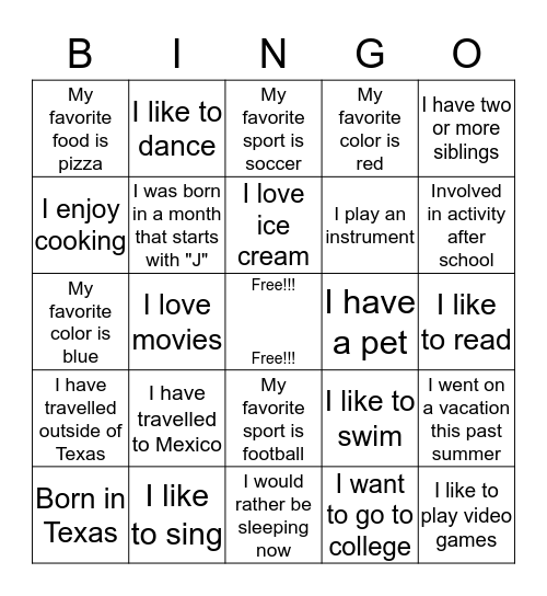 What we have in common.... Bingo Card