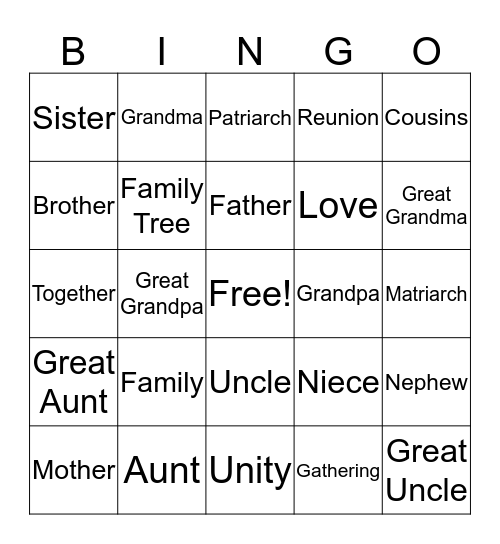 Collins Family Reunion Bingo Card