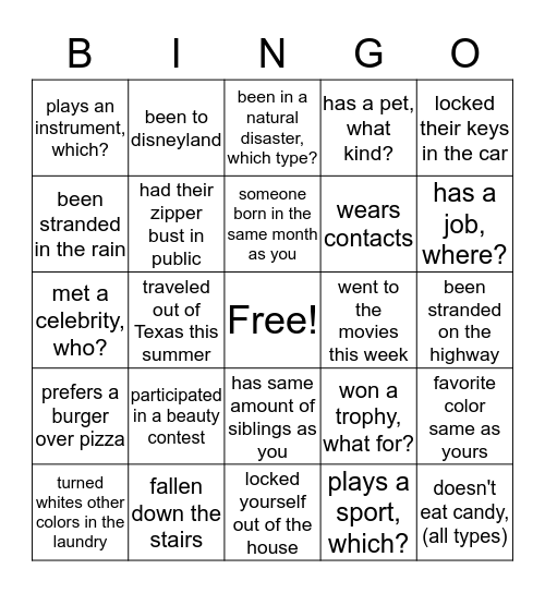 Get to knowing! Bingo Card