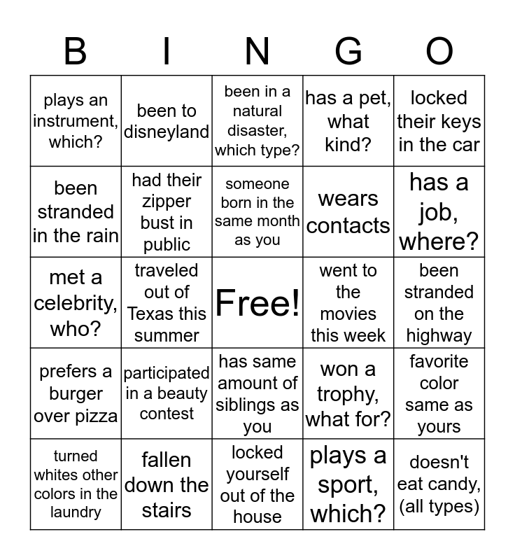 Get to knowing! Bingo Card