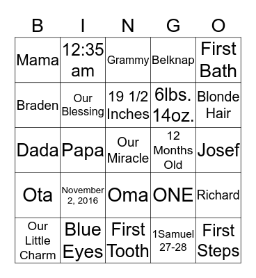 Braden's Bingo Card