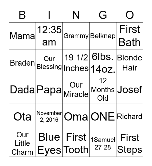 Braden's Bingo Card