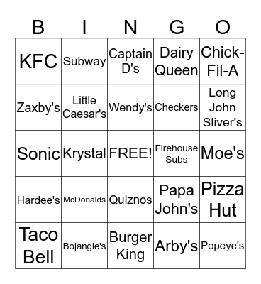 Fast Food Restaurant Bingo Card
