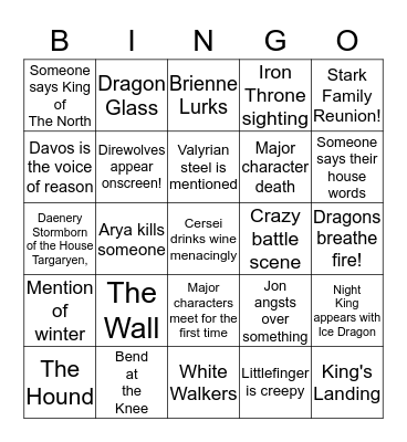 Game of Thrones Season 7/ Winter is Here  Bingo Card