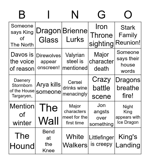 Game of Thrones Season 7/ Winter is Here  Bingo Card