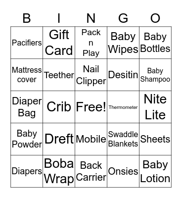 Baby Shower Bingo Card