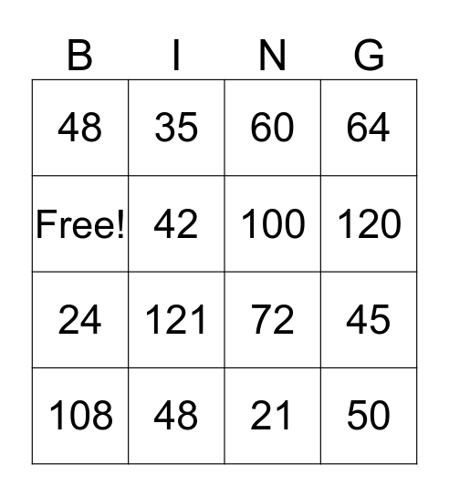 Multiplication and Division Problem Solving Bingo Card