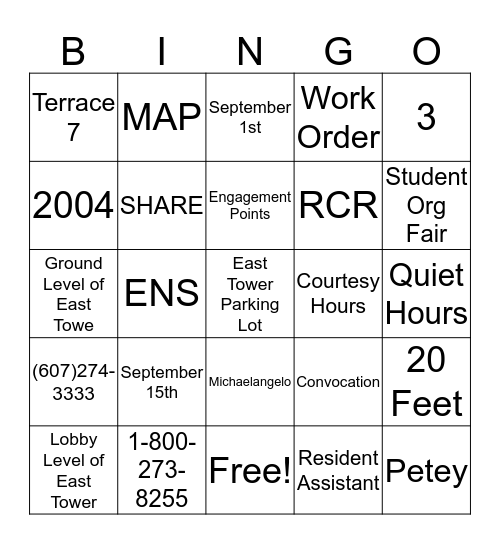 ResHall Bingo! Bingo Card