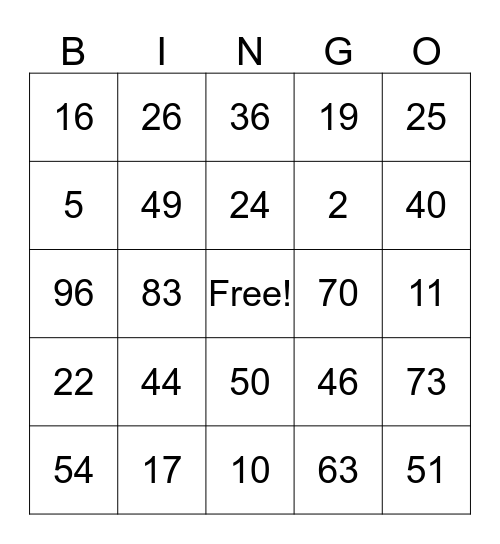 Place Value Bingo Card