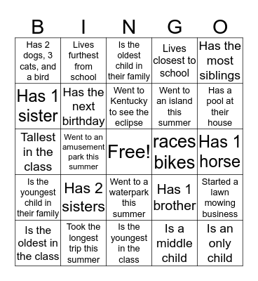 2017-2018 Middle School Bingo Card