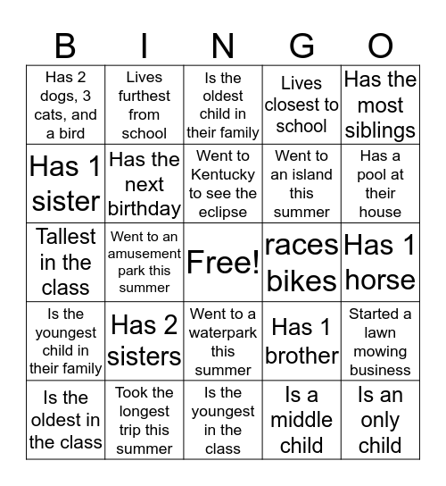 2017-2018 Middle School Bingo Card