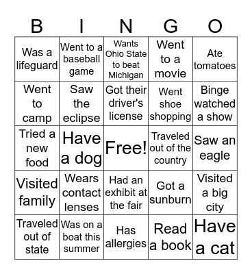 What I did this summer Bingo Card