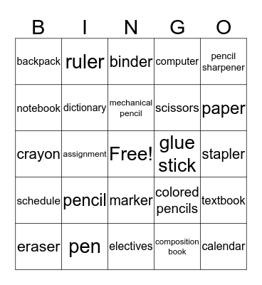 School Bingo Card