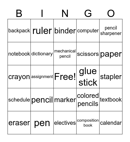 School Bingo Card