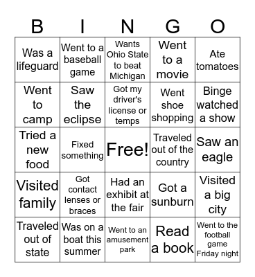 What I did this summer Bingo Card