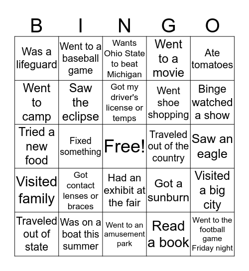 What I did this summer Bingo Card