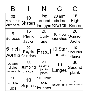 Fitness Bingo Card