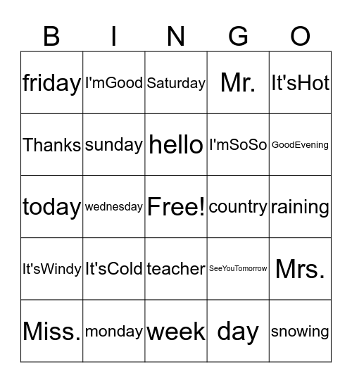 Preliminary chapter Bingo Card