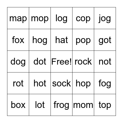 Short o sound words Bingo Card