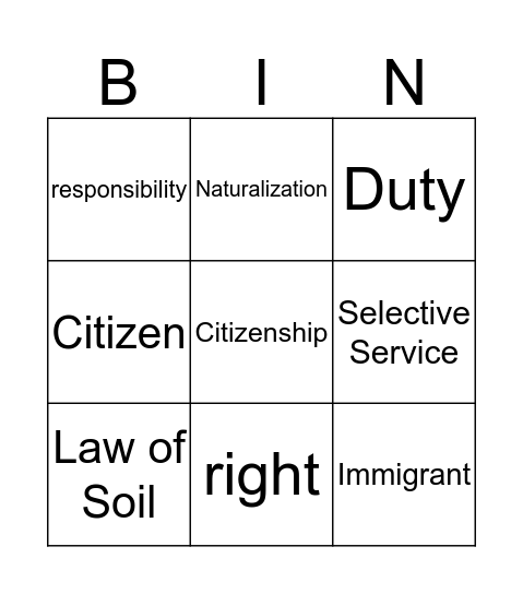 Citizenship Bingo Card