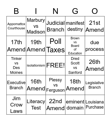 US I Bingo Card