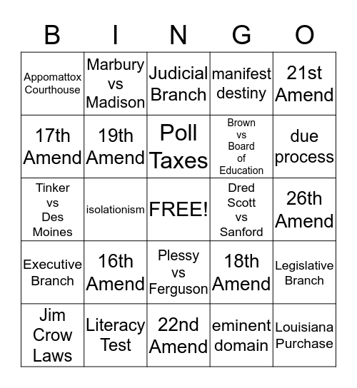 US I Bingo Card