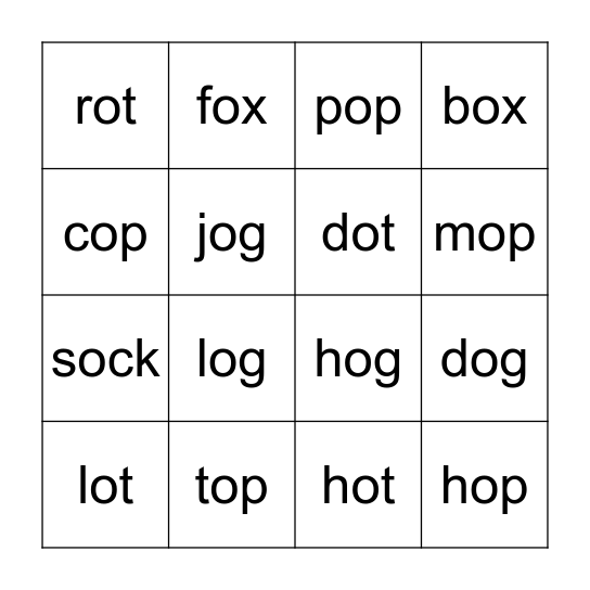 Short o sound words Bingo Card