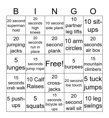 Fitness Bingo Card