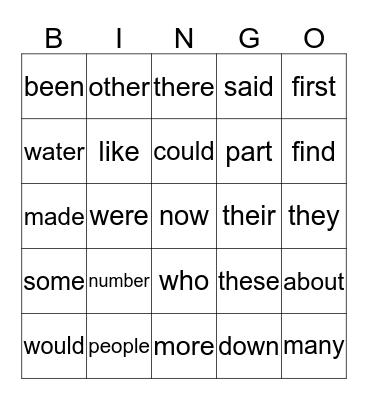 Sight Word BINGO Card