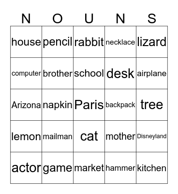 Noun Bingo Card