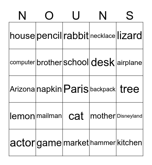 Noun Bingo Card