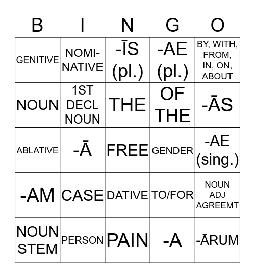 LATIN I - CH 1 Noun Review Bingo Card