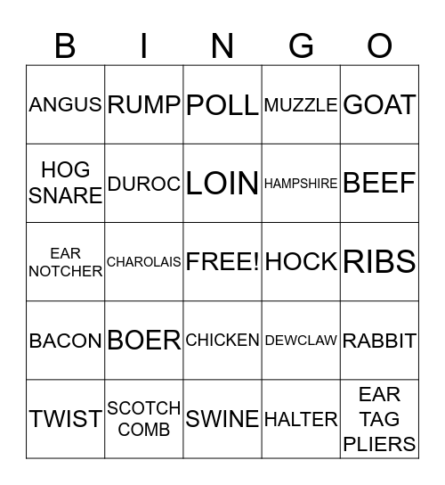 Livestock Bingo Card