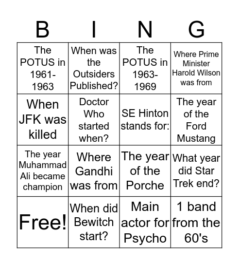 The Outsiders Bingo Card