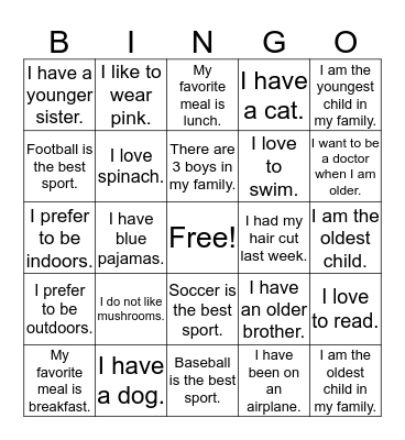 Getting to Know Your Kindergarten Friends Bingo Card