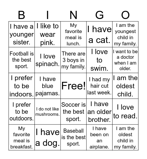 Getting to Know Your Kindergarten Friends Bingo Card
