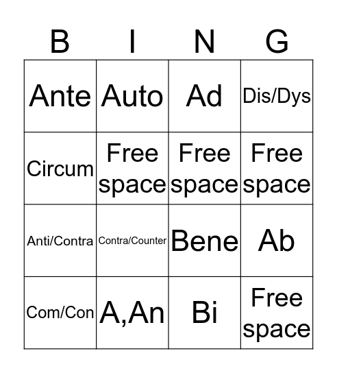 Prefix Unit 1 Bingo Card
