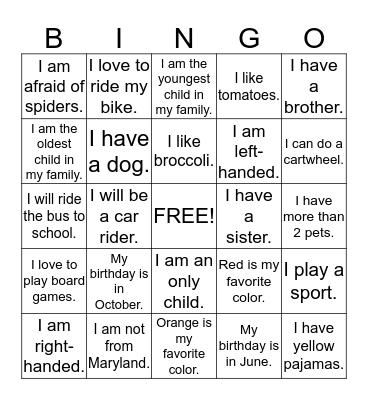 Getting to Know Your Kindergarten Friends Bingo Card