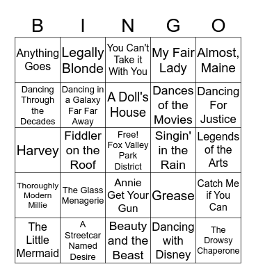 Fox Valley Park District Performing Arts 2017-2018 Season Bingo Card