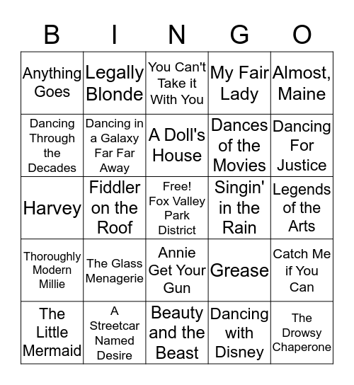 Fox Valley Park District Performing Arts 2017-2018 Season Bingo Card