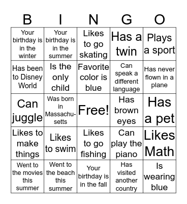 Get To Know You Bingo Card