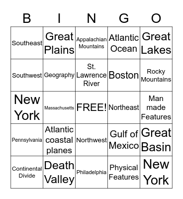 Peacock's 4th grade Geography Bingo Card