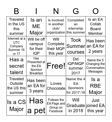 Engineering Ambassador Bingo Card