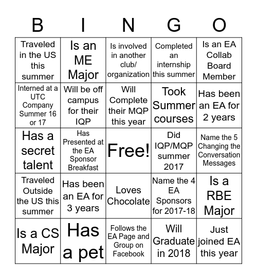 Engineering Ambassador Bingo Card