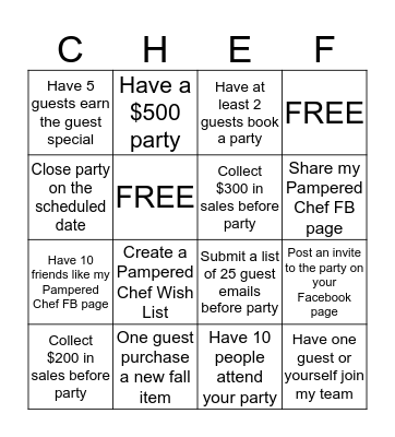 The Pampered Chef  Bingo Card