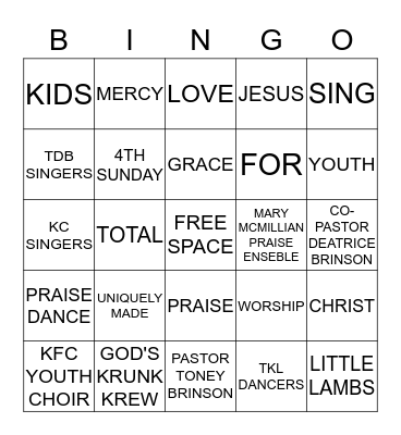 KFC MINSTRIES Bingo Card