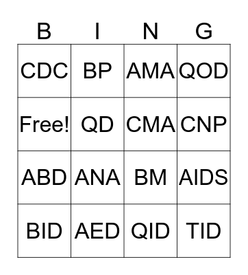 Medical Terminology  Bingo Card