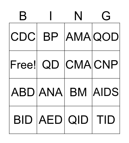 Medical Terminology  Bingo Card