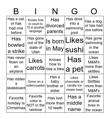 Get to know you! Find someone who... Bingo Card