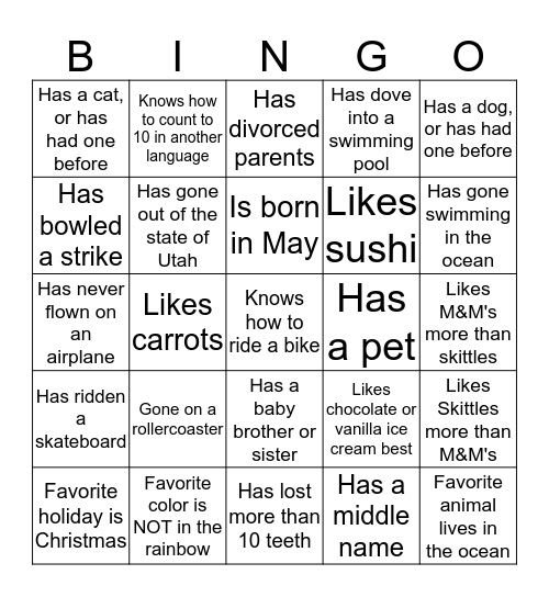 Get to know you! Find someone who... Bingo Card